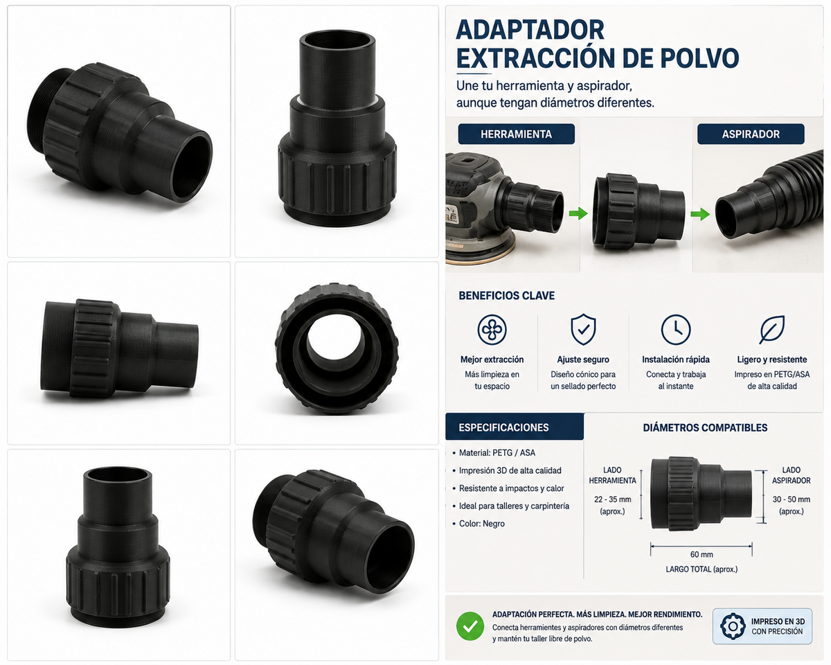 Adaptador herramienta–aspirador para extracción de polvo – A medida