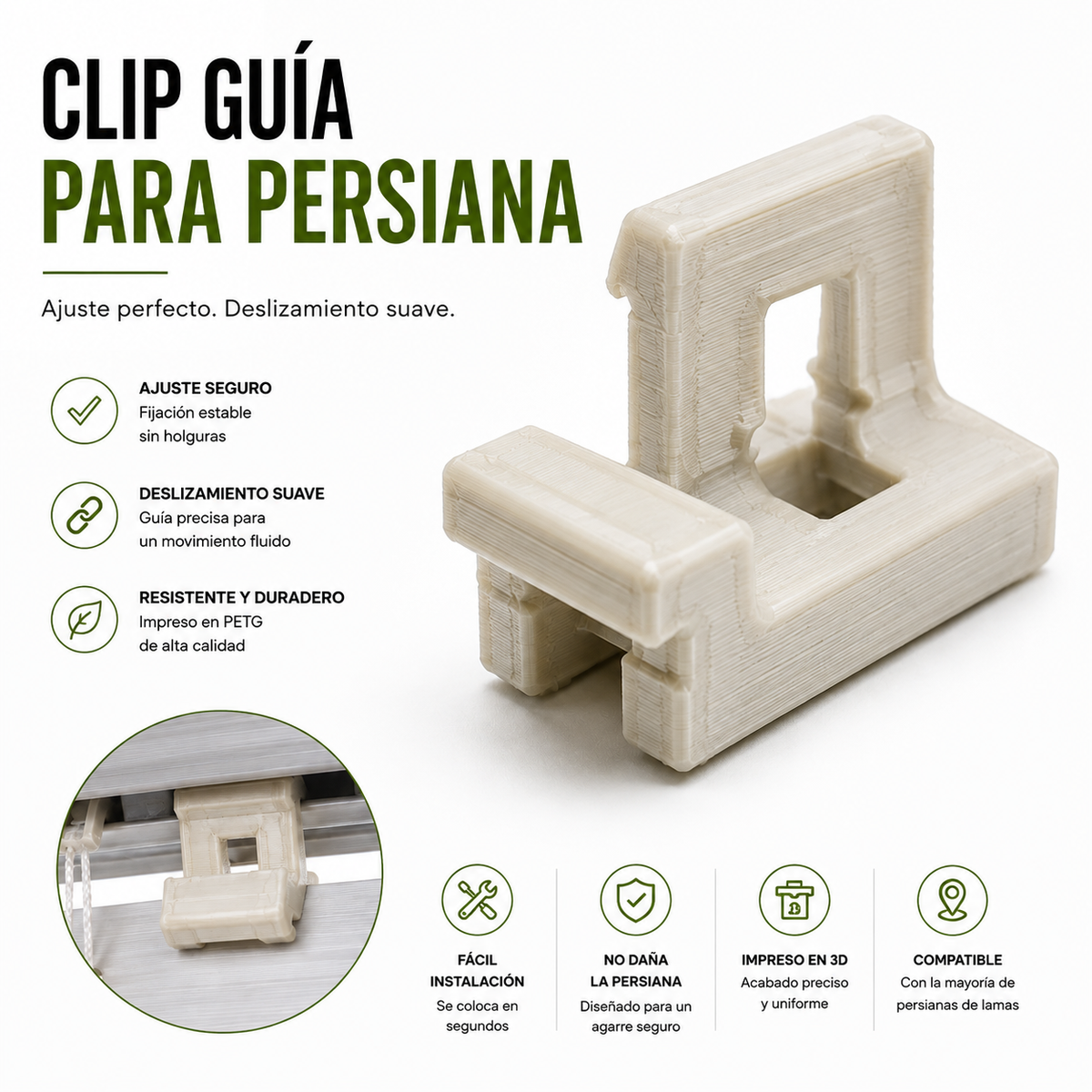 Clip de repuesto para persiana interior – Impresión 3D en PETG/ASA