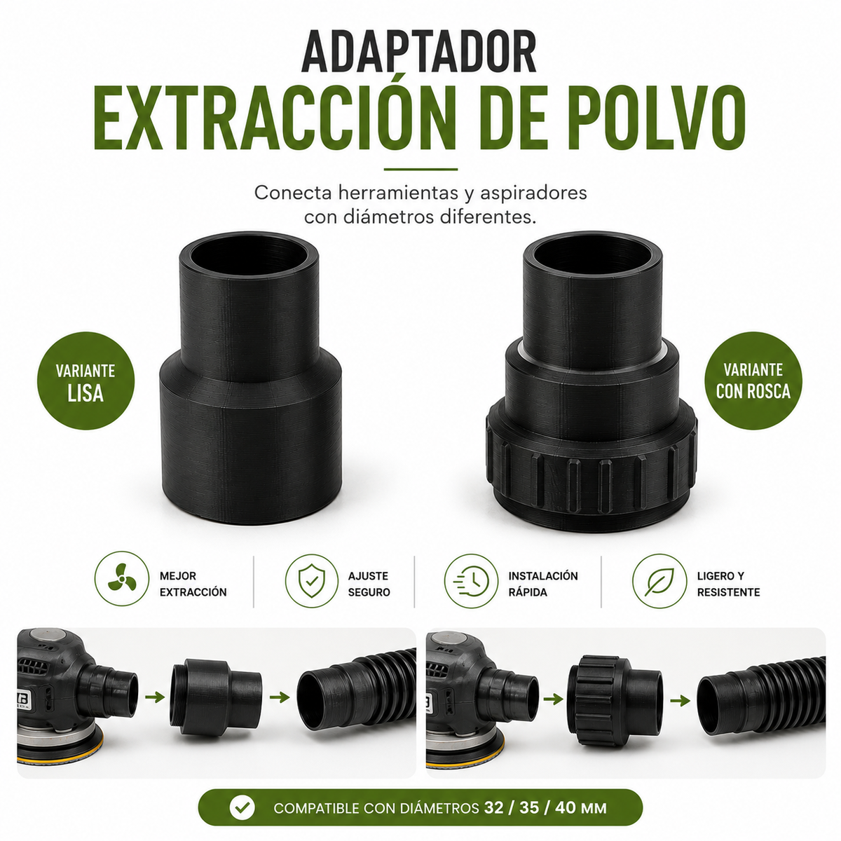 Adaptador herramienta–aspirador para extracción de polvo – A medida