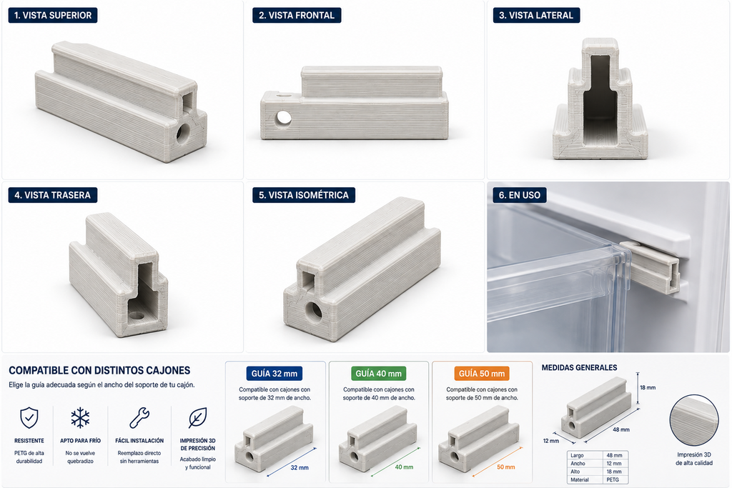 Guía de cajón para frigorífico – Recambio impreso en 3D