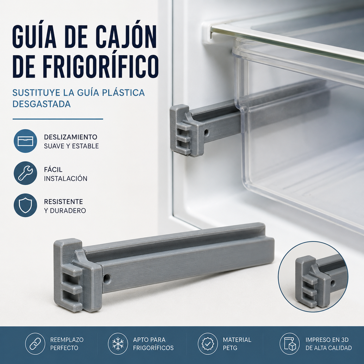 Guía de cajón para frigorífico – Recambio impreso en 3D