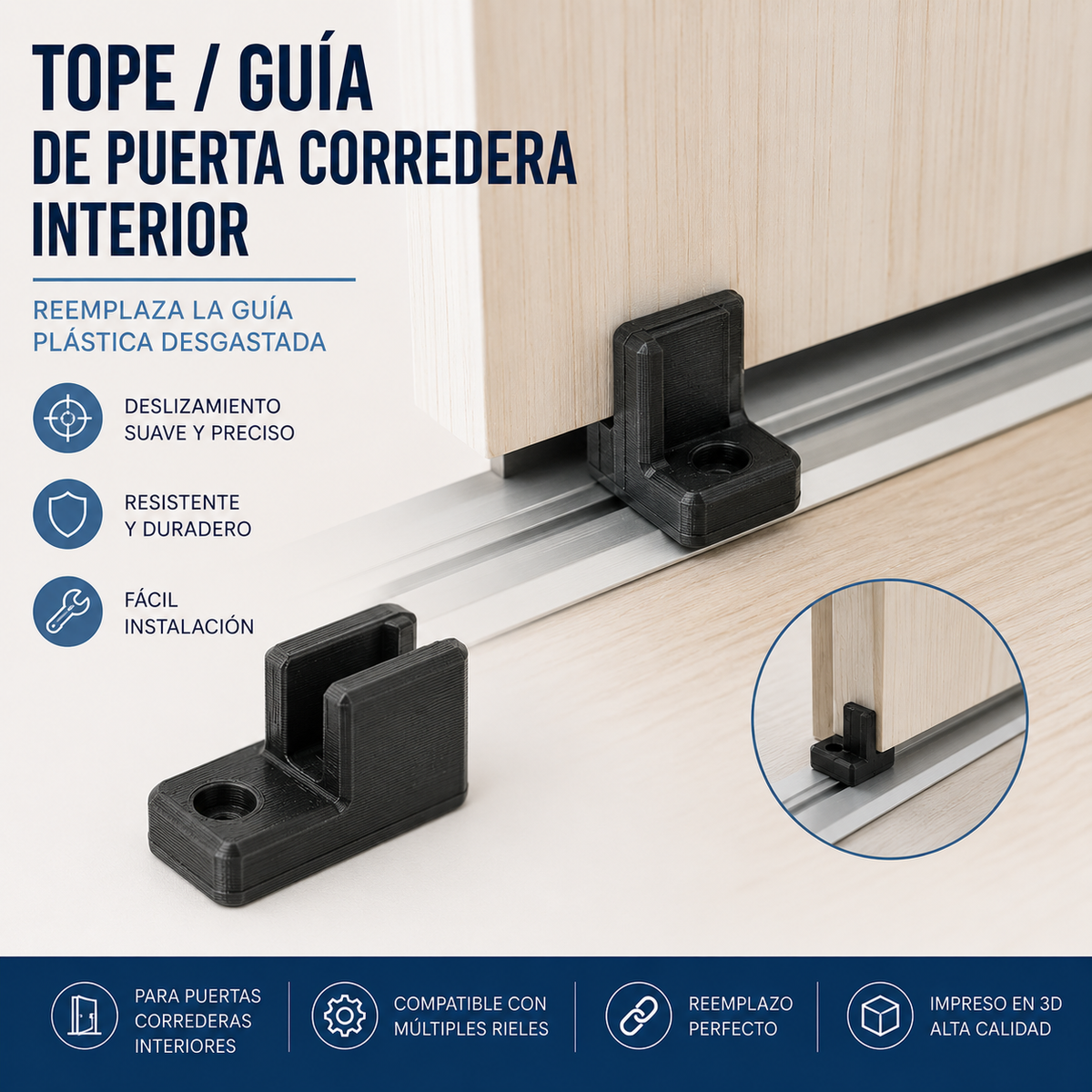 Tope / guía para puerta corredera interior – Recambio impreso en 3D