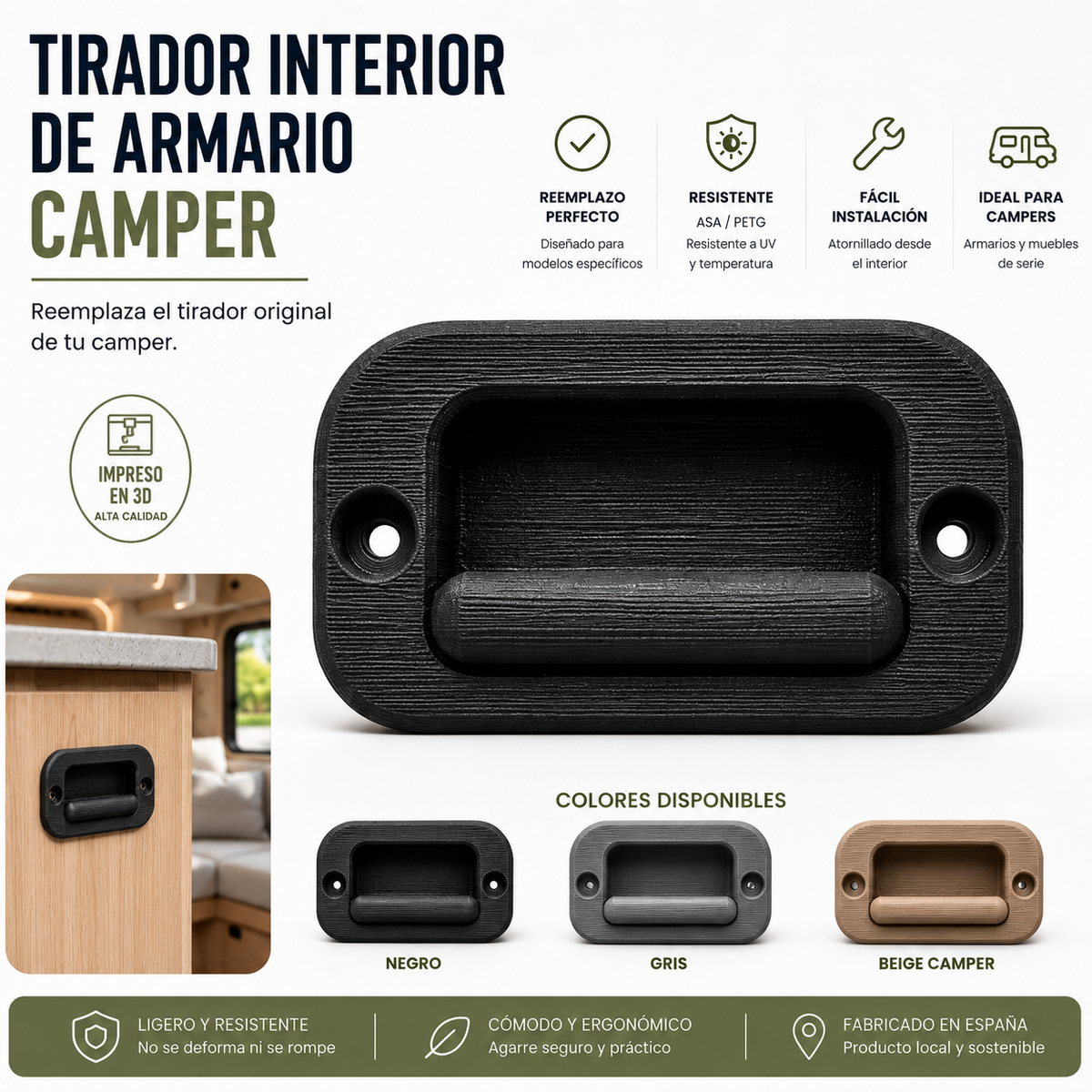 Tirador interior para armario camper – Recambio impreso en 3D