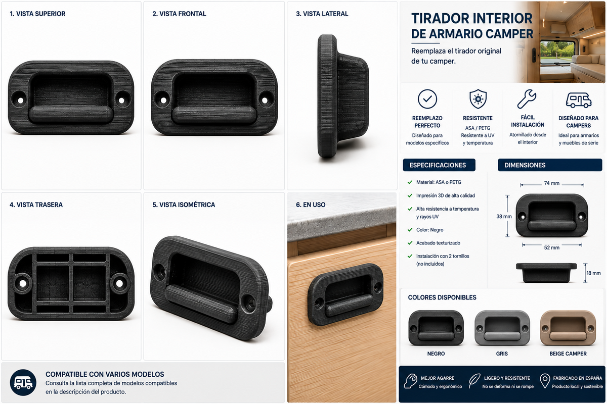 Tirador interior para armario camper – Recambio impreso en 3D