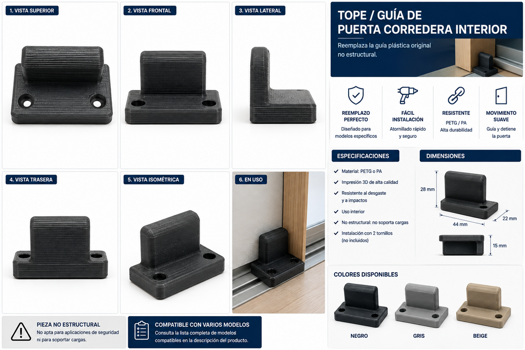 Tope / guía para puerta corredera interior – Recambio impreso en 3D