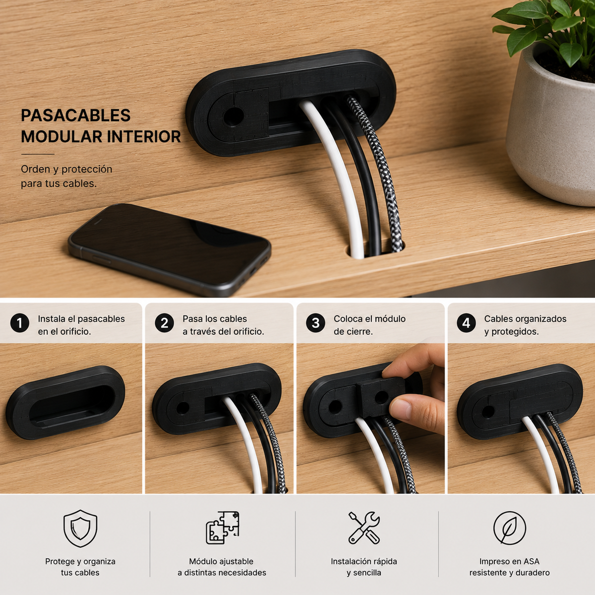 Pasacables modular interior instalado y guía visual de funcionamiento