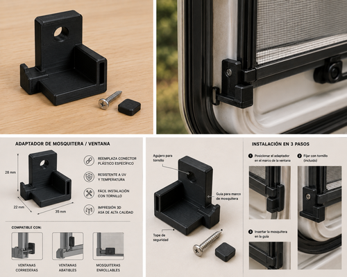 Adaptador de mosquitera y ventana impreso en 3D
